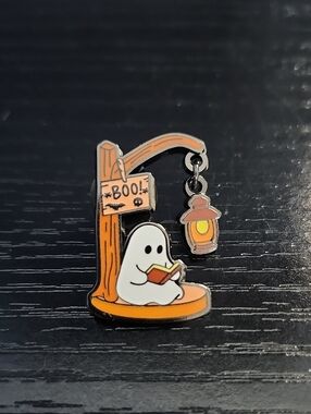 Halloween Ghost Enamel Pin - Orange & White Cute Reading Ghost